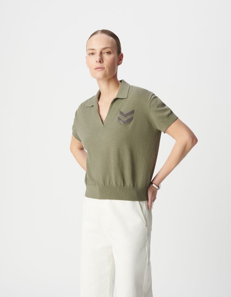 Jersey polo de punto de espiga caqui de Mujer-2 Jersey polo de punto de espiga caqui de Mujer-2