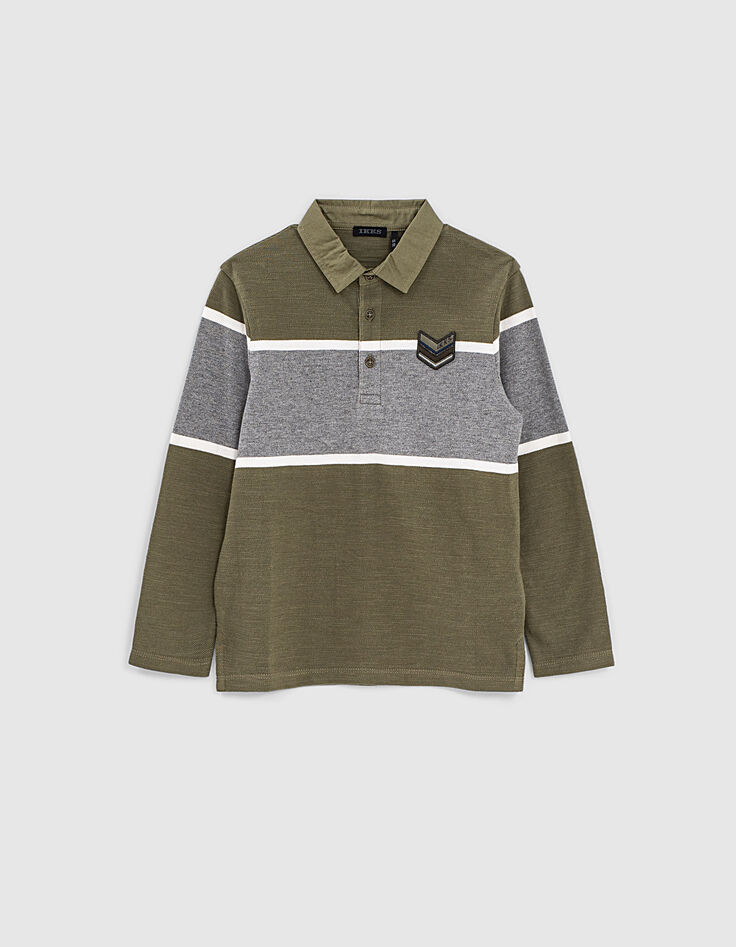 Polo kaki à col chemise et rayure grise garçon -1
