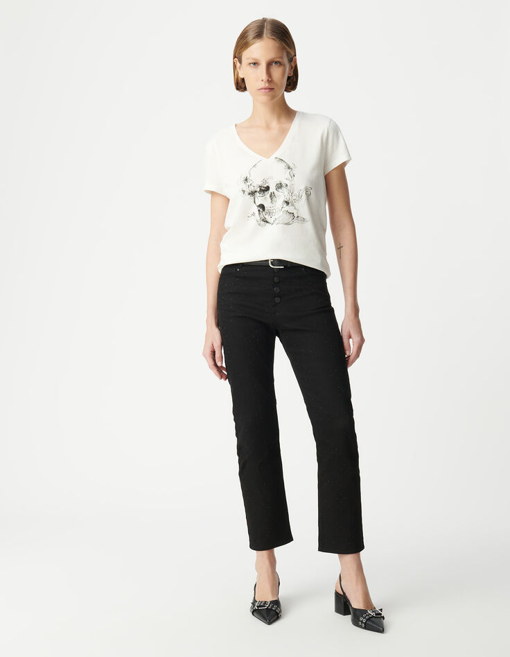 Tee-shirt col V blanc coton bio visuel tête de mort Femme-1