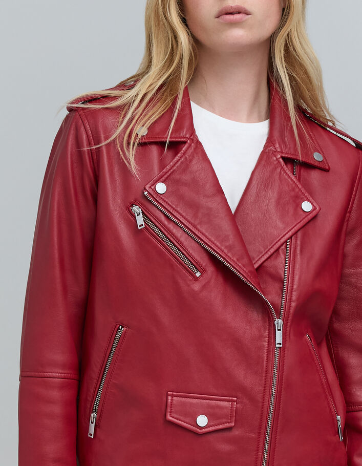 Veste cuir rouge esprit motard poches zippées Femme