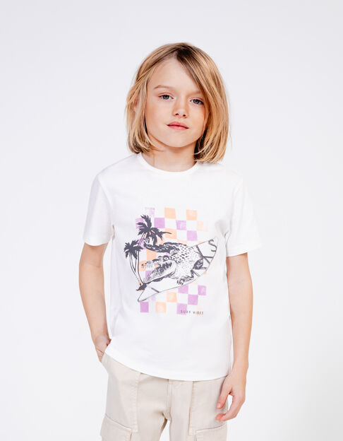 T-shirt blanc dessin crocodile-surfeur garçon - IKKS