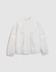 Blusa blanca de jacquard y encaje para mujer-6