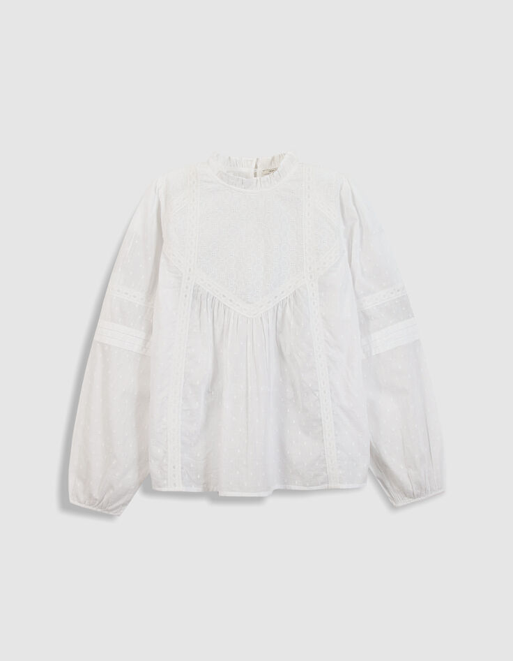 Blusa blanca de jacquard y encaje para mujer-6
