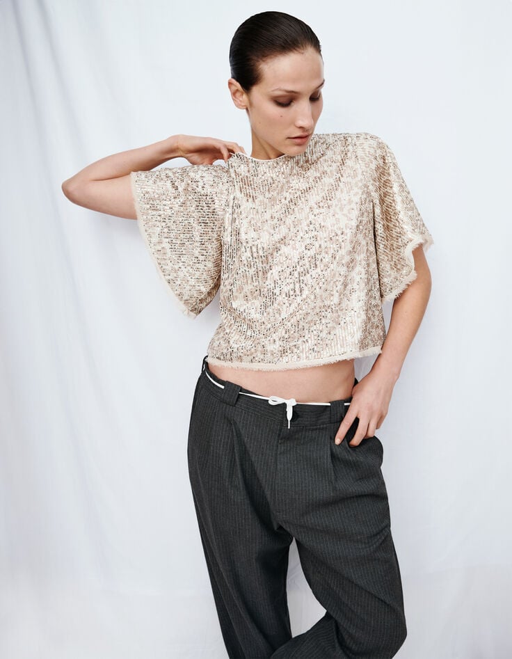 Beige top geborduurde gouden lovertjes vlindermouwen Dames-7 Beige top geborduurde gouden lovertjes vlindermouwen Dames-7