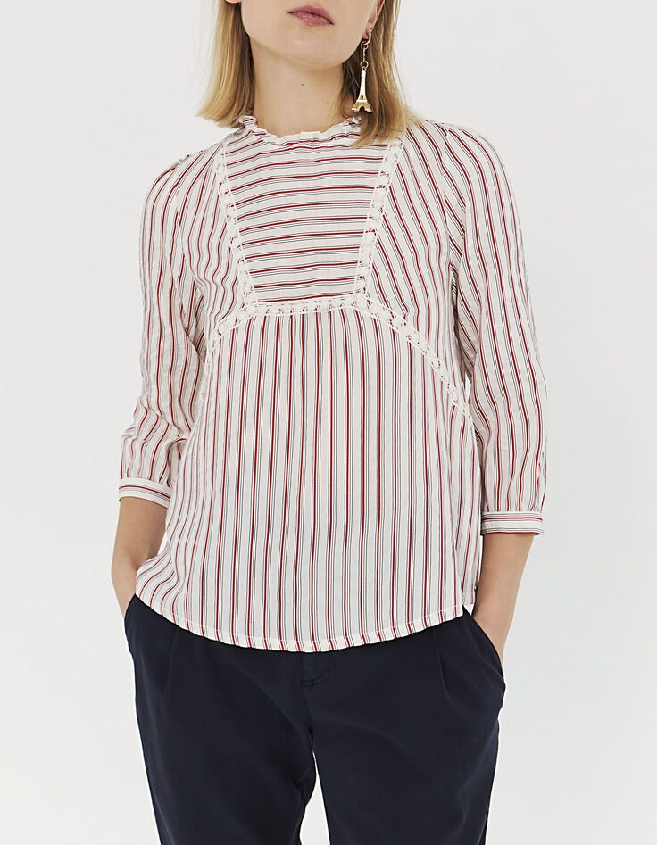 Blouse à rayures et galons de dentelle femme-1