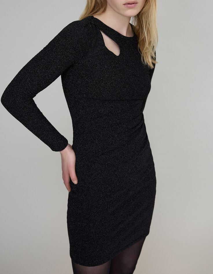 Pure Edition-Robe noire maille lurex col asymétrique Femme-4 Pure Edition-Robe noire maille lurex col asymétrique Femme-4