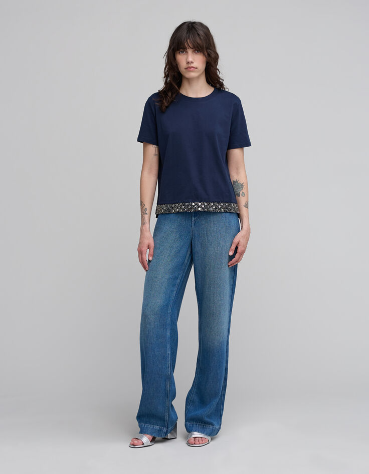 Tee-shirt Marine coton bio broderies-bijou Femme-1 Tee-shirt Marine coton bio broderies-bijou Femme-1