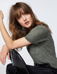 Kaki T-shirt in viscose metallic draden en tekst dames-1