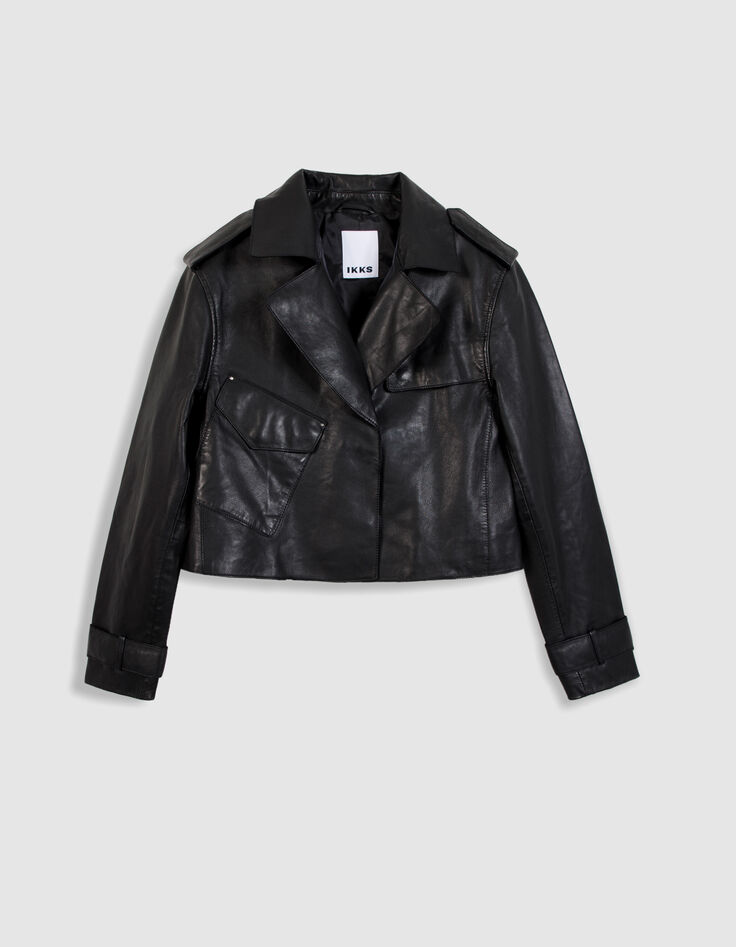 Veste cuir noir bavolet et poche biais Femme-7