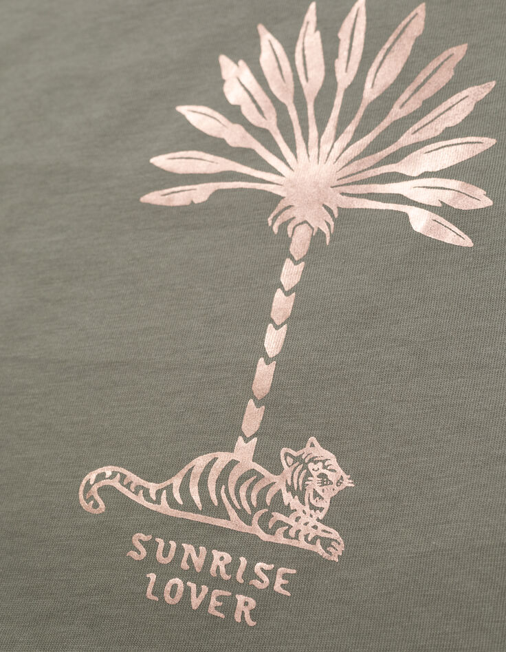Khaki Mädchen-T-Shirt, Biobaumwolle, Palmen-Tiger, kupfer-7