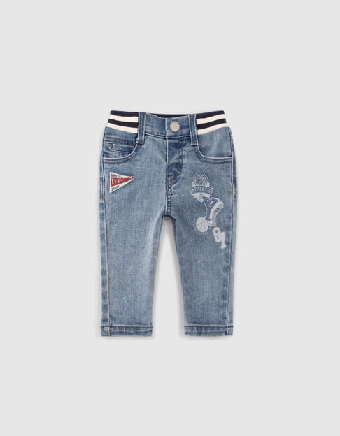 Baby boys’ blue jeans with print and ribbed waistband
