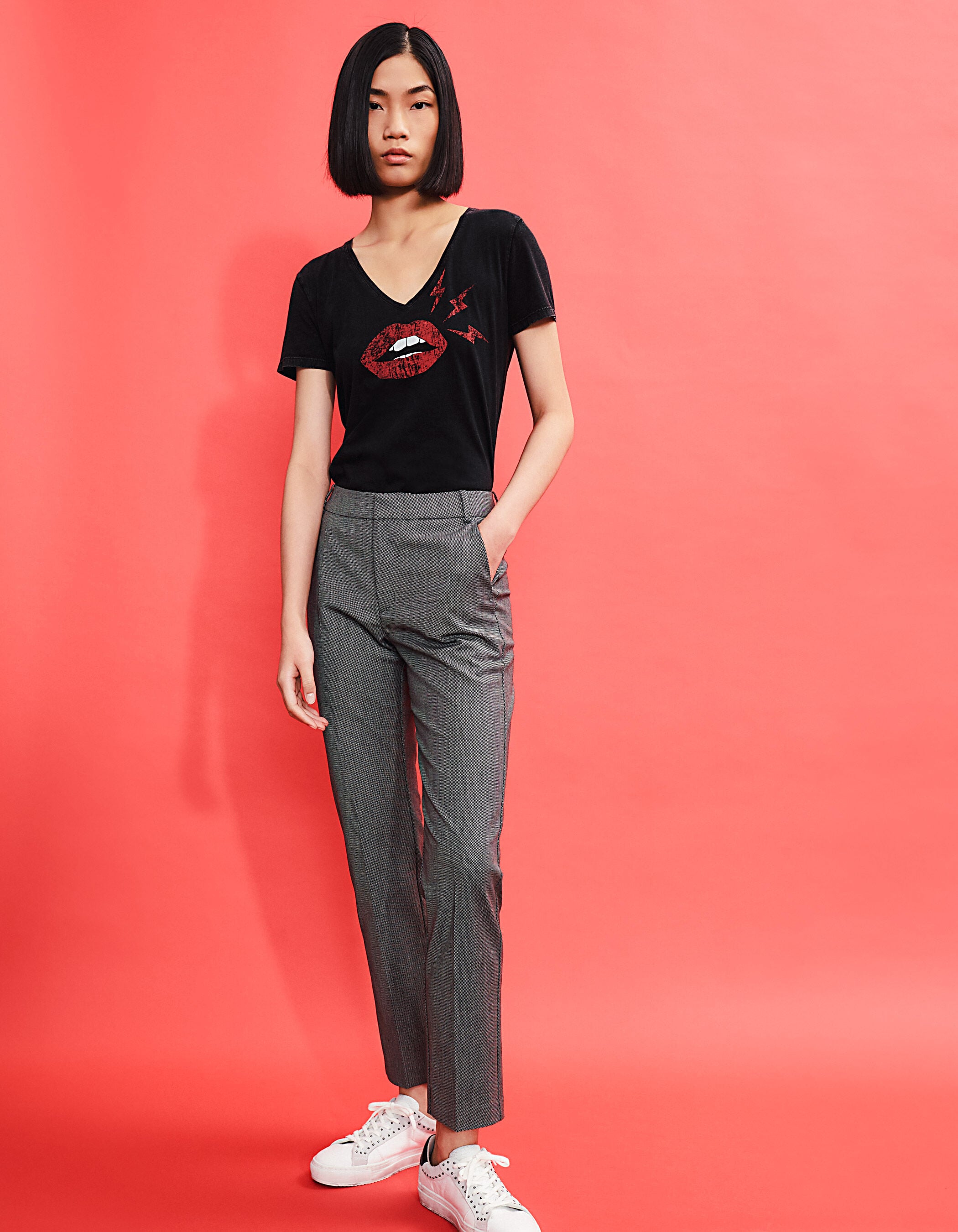 Pantalones pitillo tobilleros mezcla lana caviar mujer