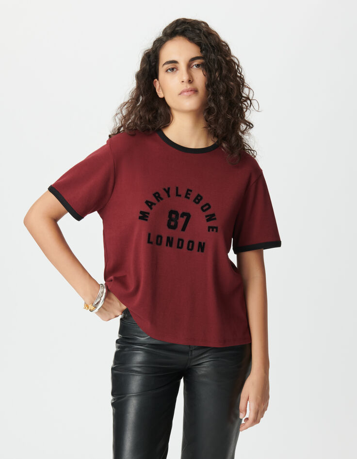 Women’s burgundy T-shirt with flocked velvet slogan-2