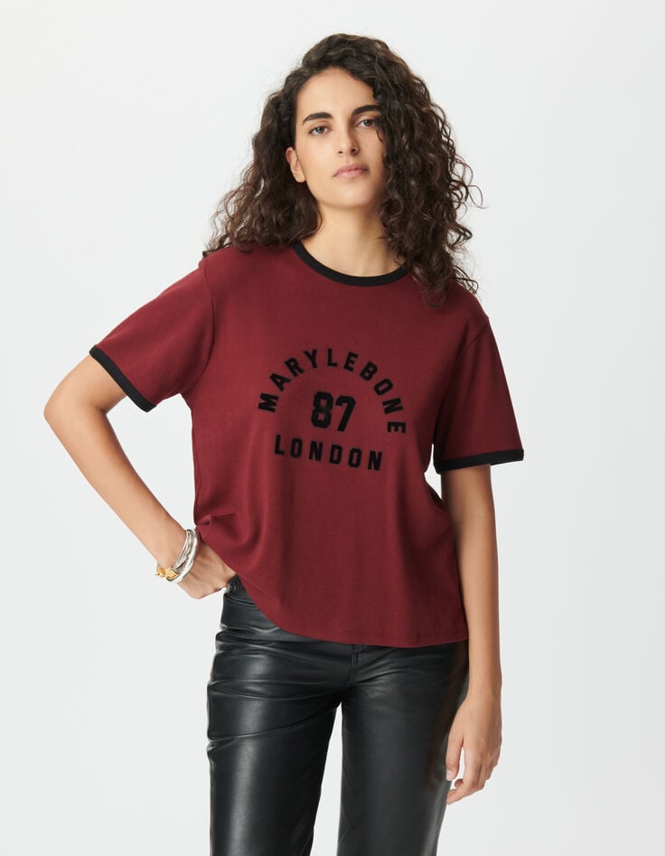 Camiseta burdeos mensaje terciopelo flocado mujer-2 Camiseta burdeos mensaje terciopelo flocado mujer-2