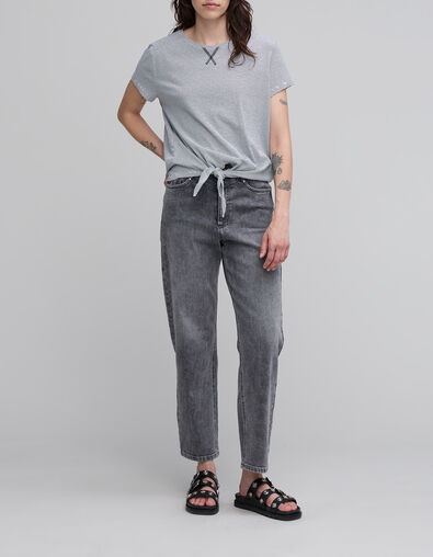 Women's navy blue striped white knotted organic cotton T-shirt - IKKS