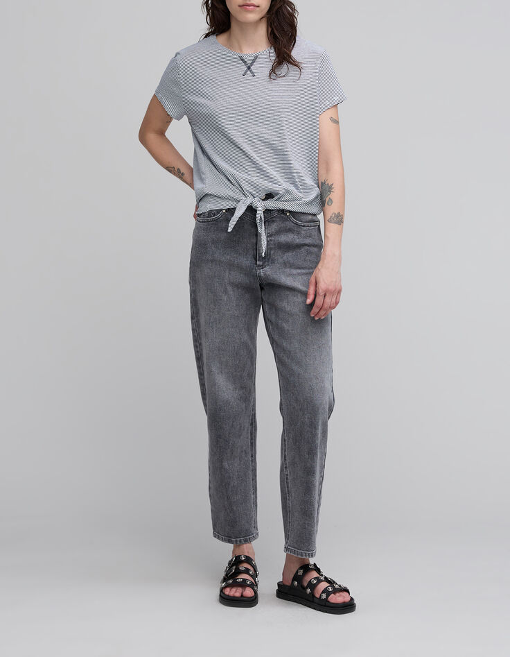 Women's navy blue striped white knotted organic cotton T-shirt-1