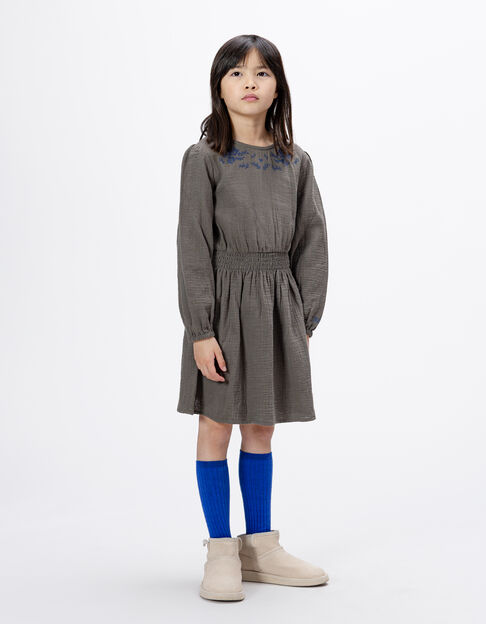 Khaki Mädchenkleid marineblauer Blumenstick - IKKS