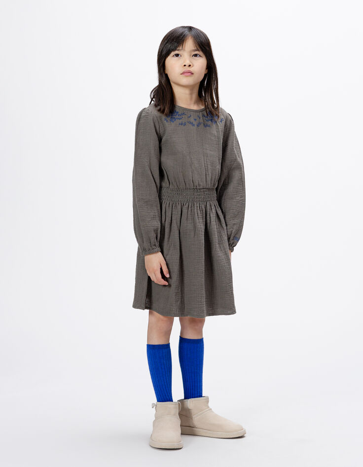 Girls’ khaki dress with navy flower embroidery-1 Girls’ khaki dress with navy flower embroidery-1