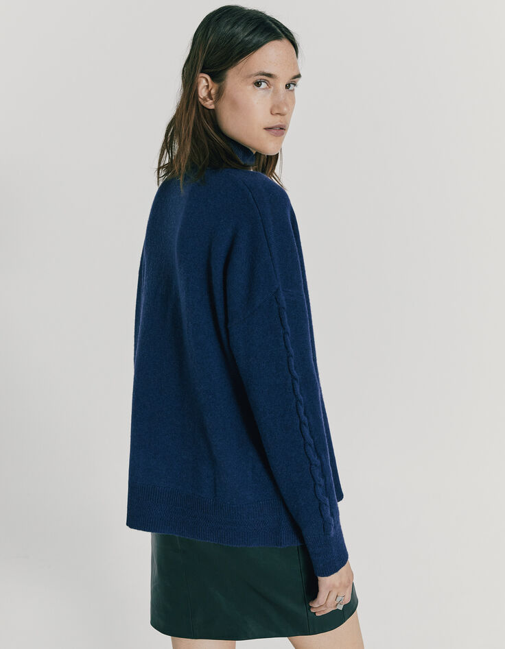 Pull col montant en laine bleu marine boutons épaule femme-3
