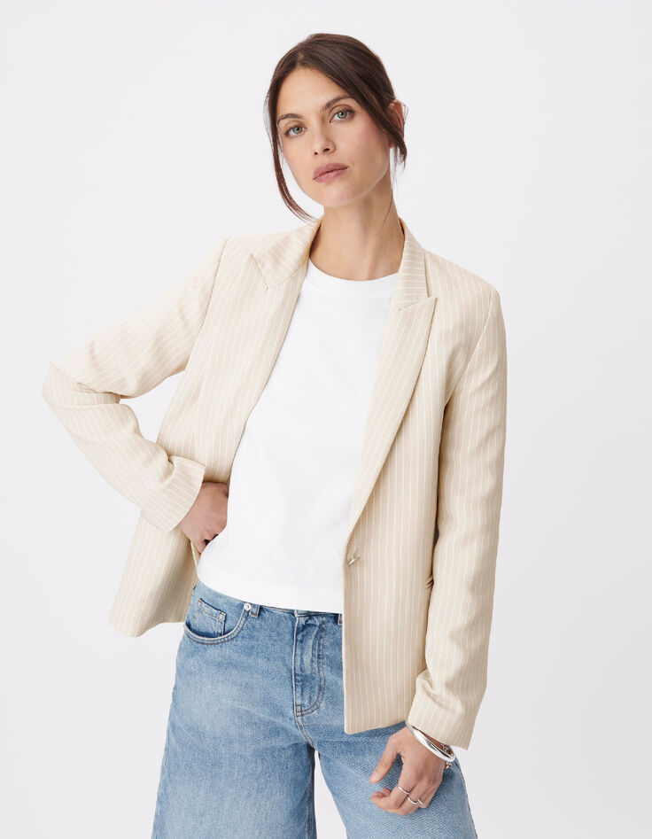 Veste de tailleur beige motif rayures tennis Femme-6