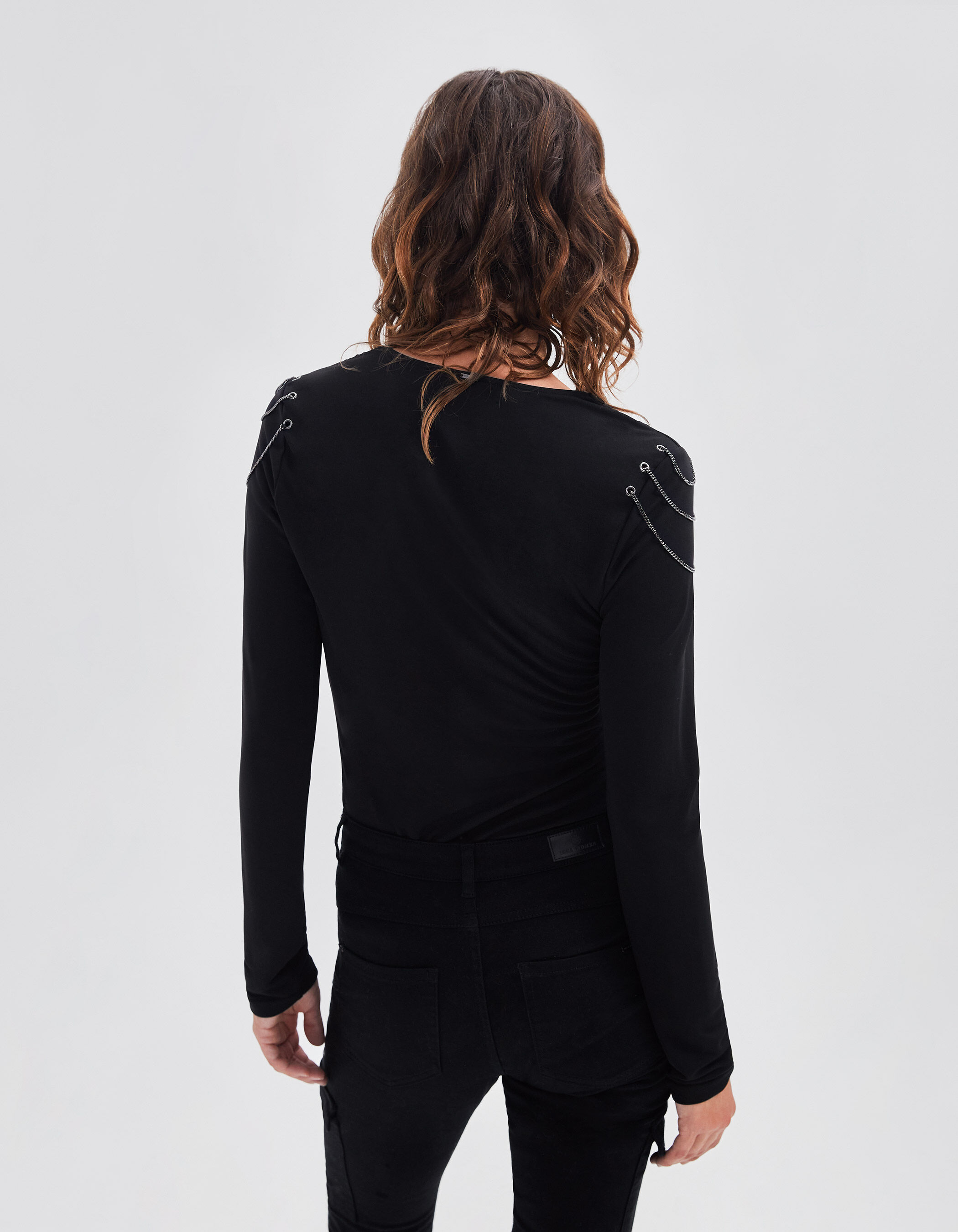 Women s black recycled blouse with chains on shoulders IKKS