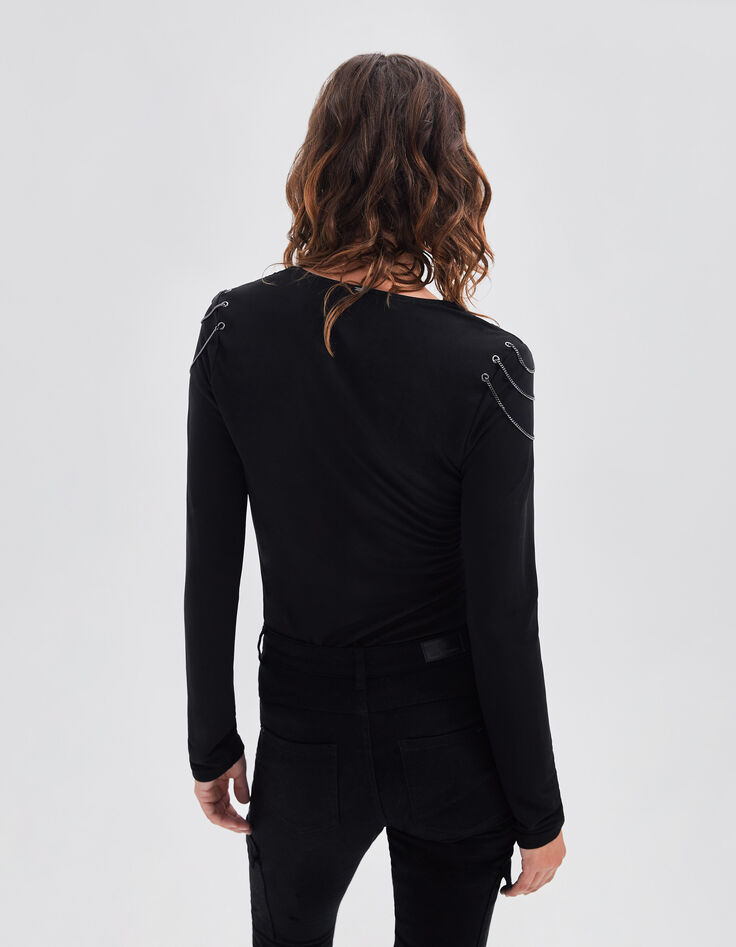 Blouse noire recyclée détails chaînes épaules Femme-3