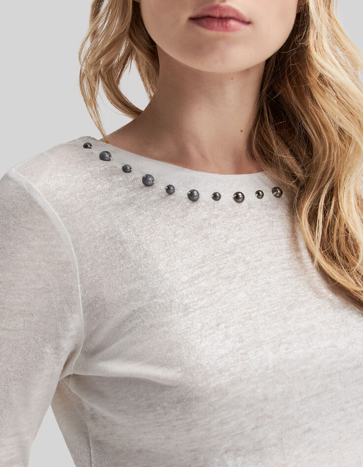 Tee-shirt blanc maille lin irisé décor perles métal Femme-4