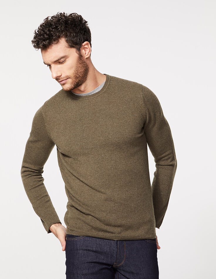 Pull kaki col rond en cachemire Homme-2