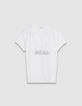 Women's white V-neck tee with embroidered message-6