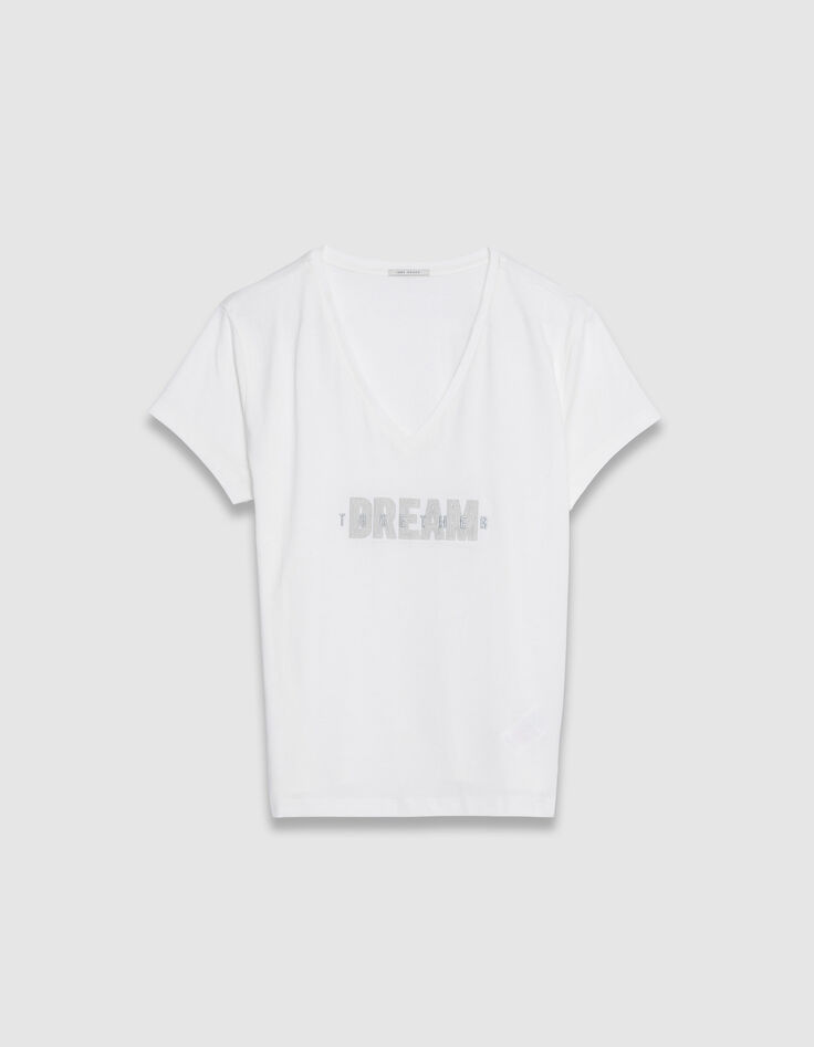 Women's white V-neck tee with embroidered message-6