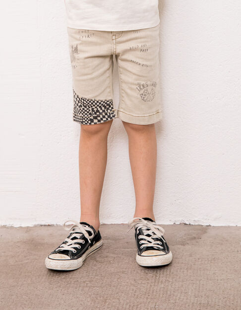 Boys’ beige denim Bermudas with checkerboard panels