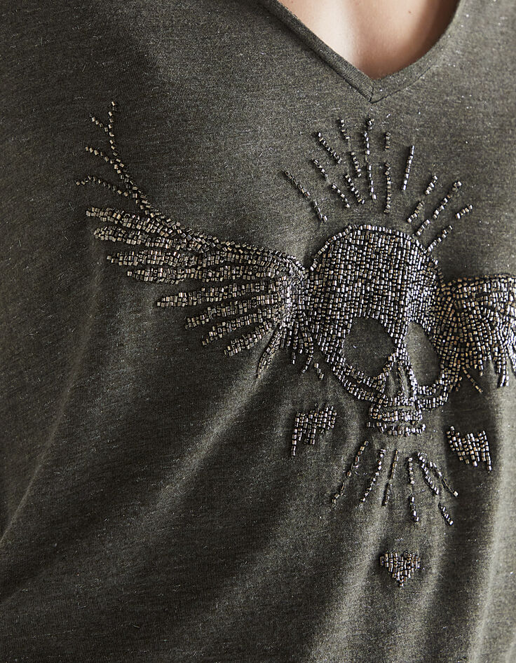 Tee-shirt col V kaki métallisé visuel tête de mort femme-3