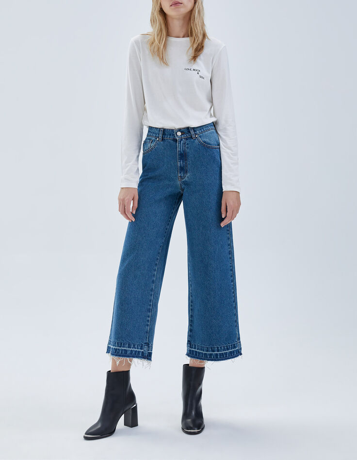 Jean large bleu taille haute 7/8e bas frangés Femme -1