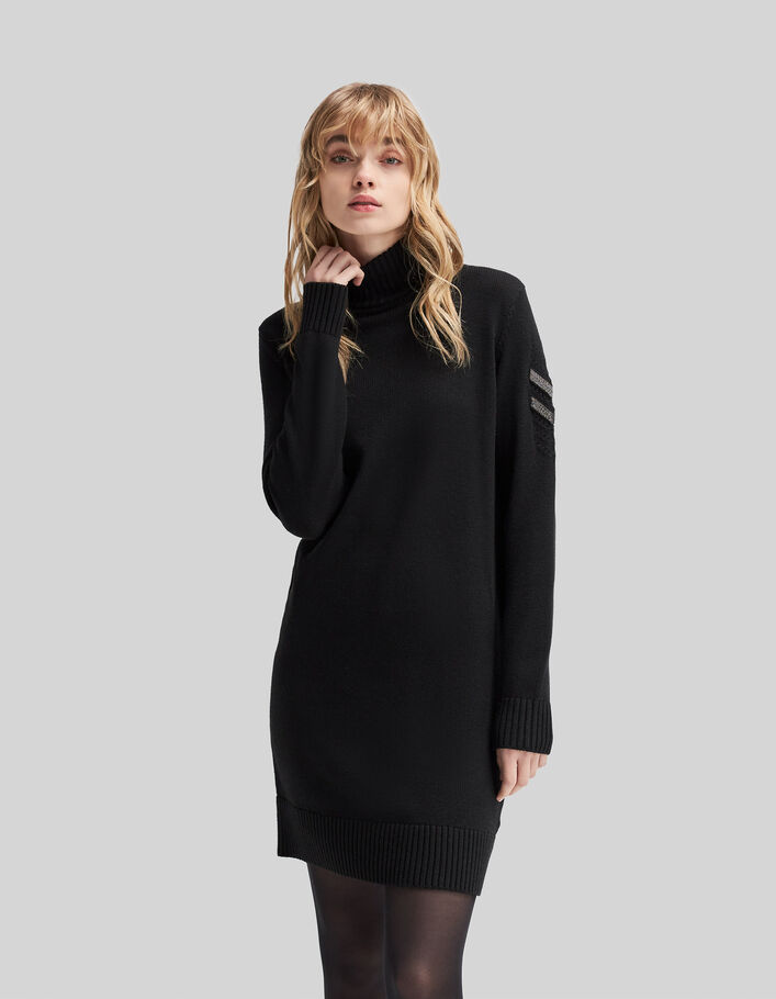Zwarte tricot jurk hoog opstaande kraag sieraadschouders - IKKS