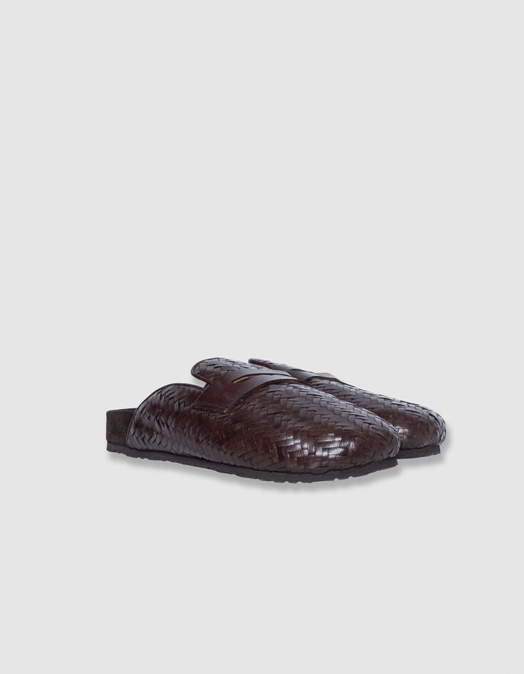 Bruine gevlochten leren damesklompen-4