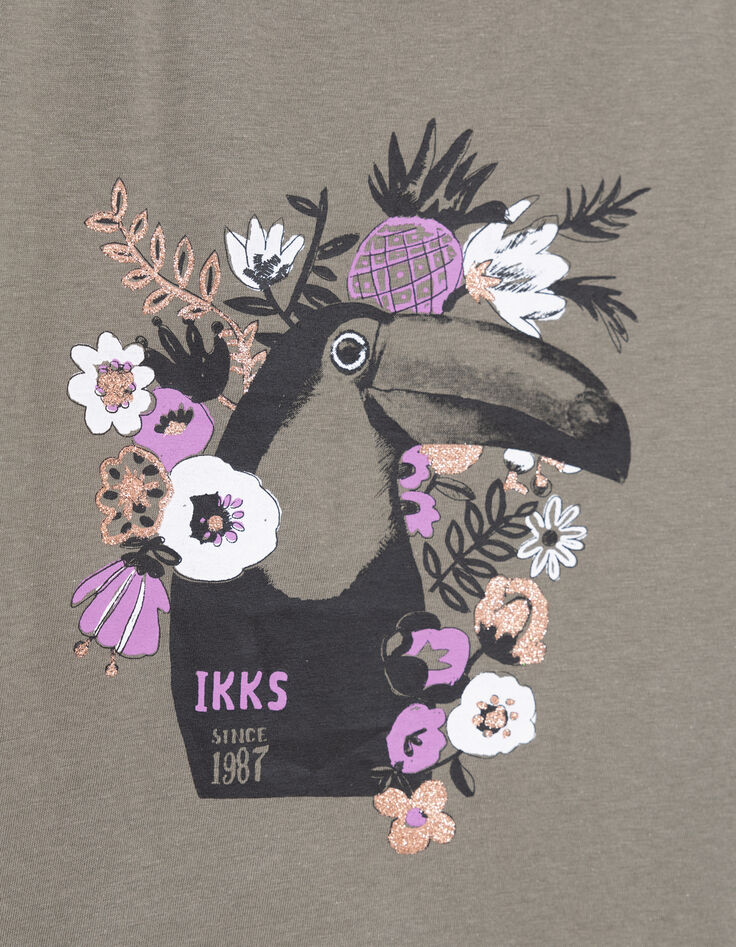 T-shirt kaki coton bio toucan-fleurs fille-4