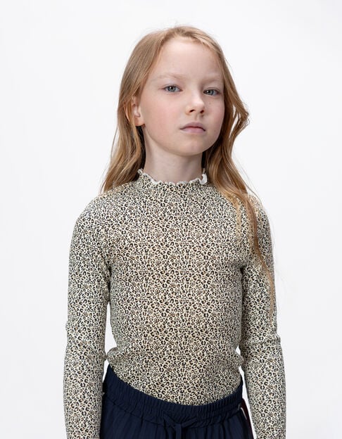 Girls’ beige high-neck T-shirt with leopard-bow print - IKKS
