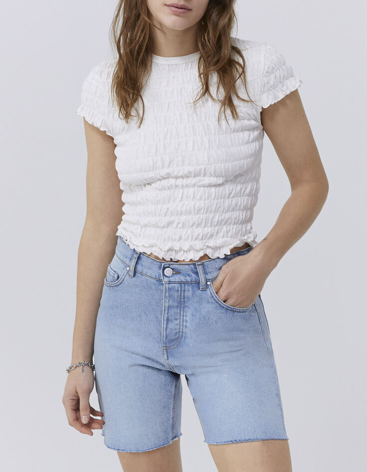Shorts vaqueros de tiro alto bordes sin rematar mujer-1