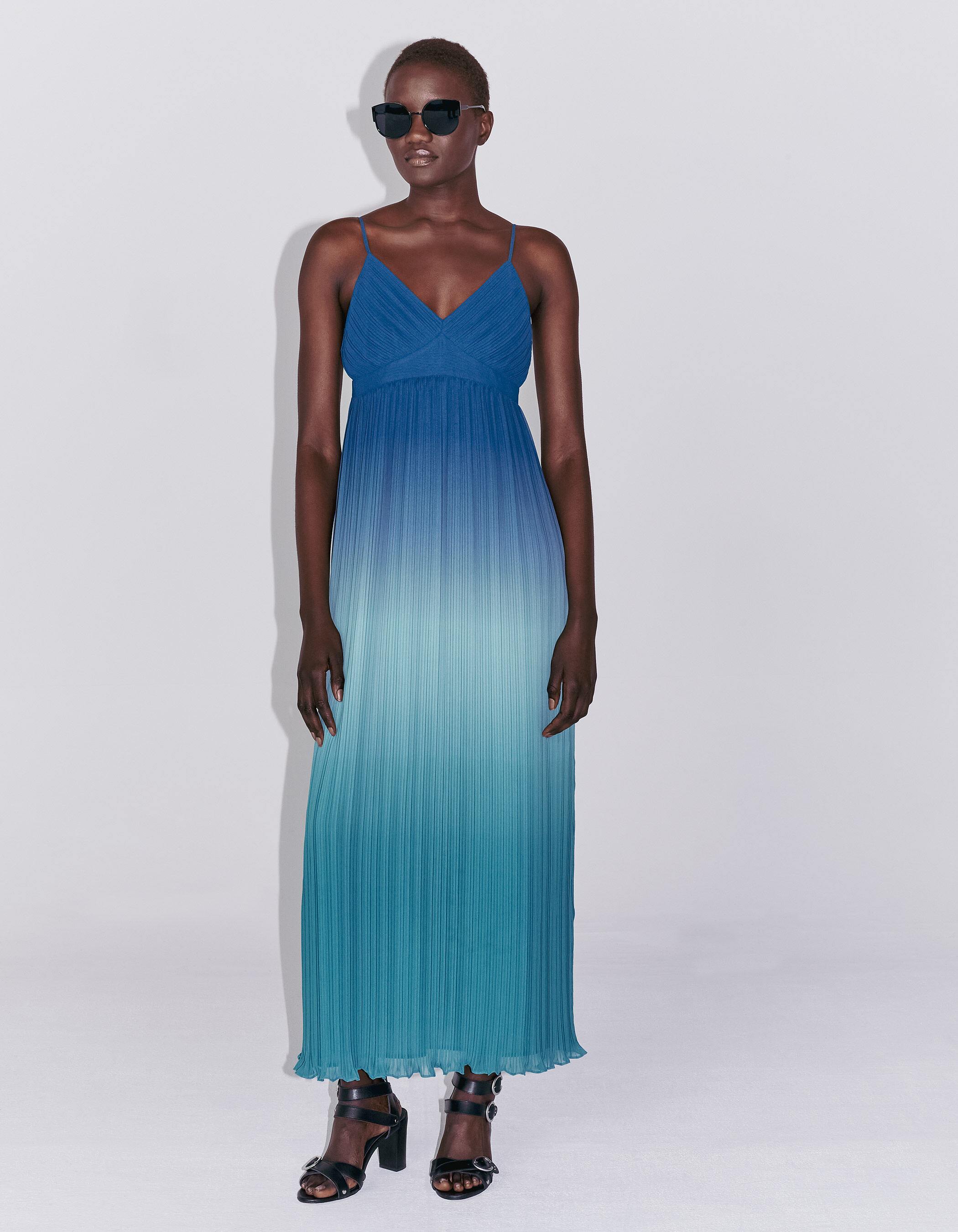 Robe longue plissee a bretelles emeraude tie dye femme IKKS