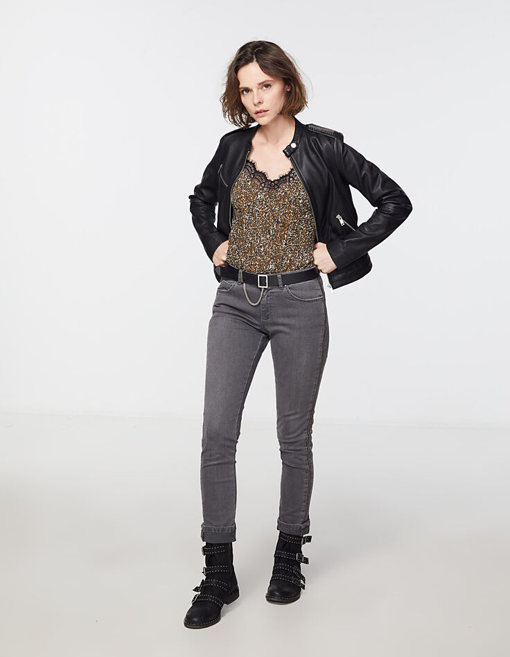 Jean slim gris 7/8ème bandes bijoux côtés, sculpt up femme-6