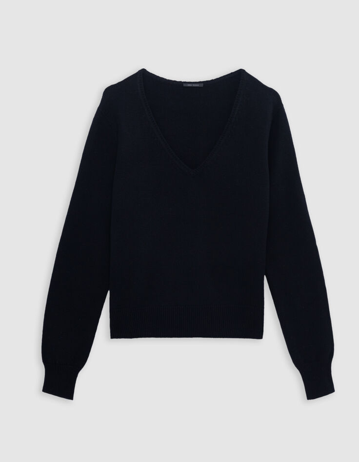 Damen Pullover mit V-Ausschnitt aus 100% Wolle, schwarzer Strick-5