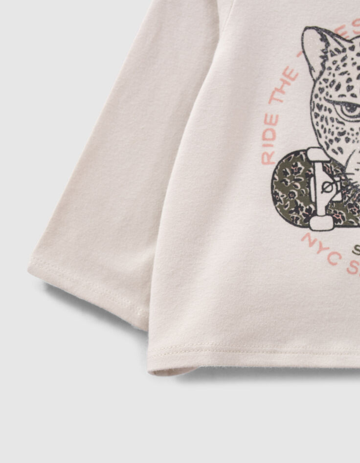 T-shirt beige visuel léopard et skate bébé fille-5