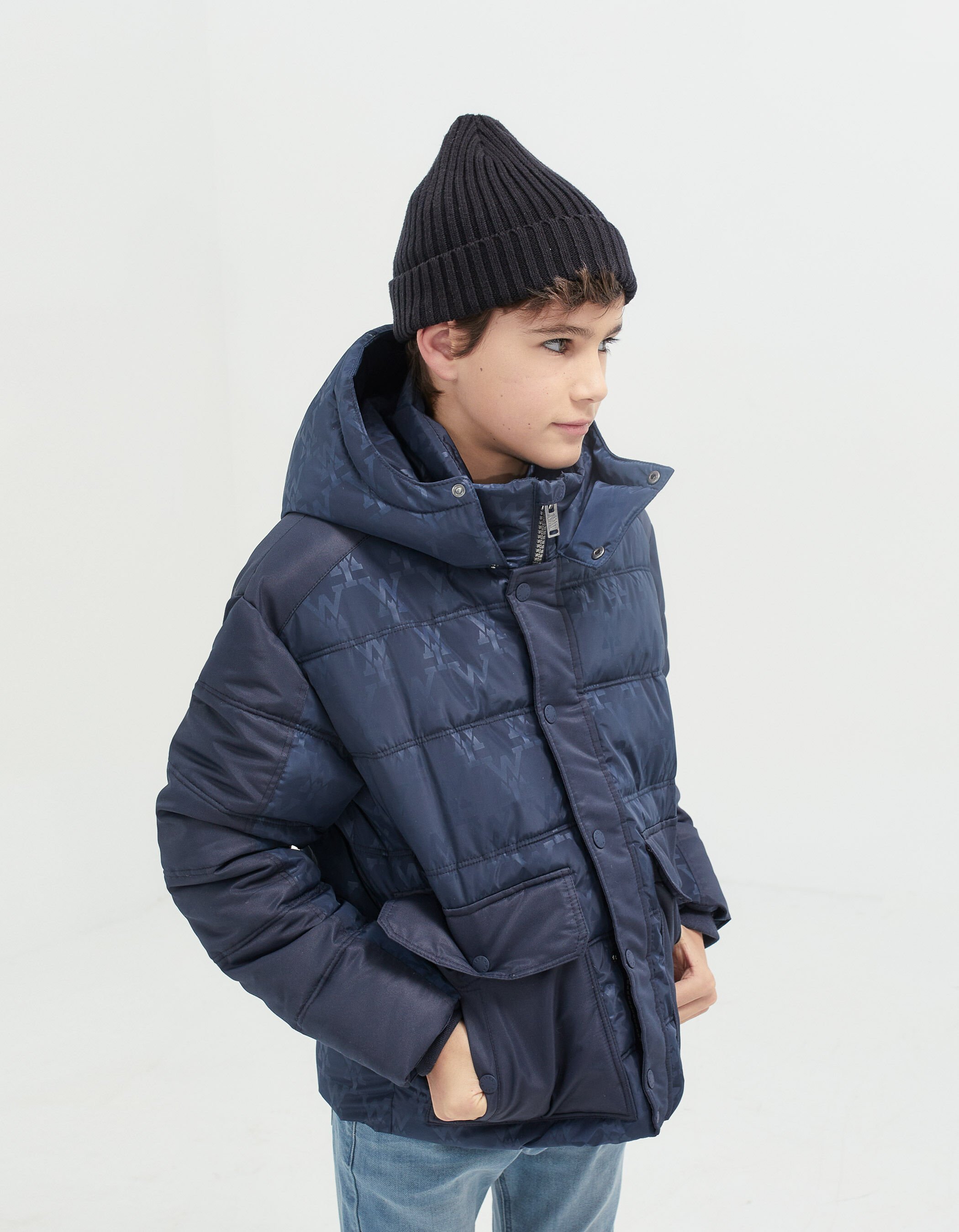 Boys navy mixed fabric padded jacket with Way monogram