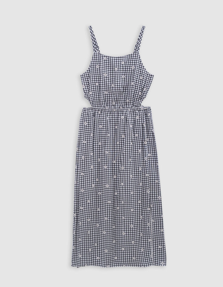 Vestido mido negro estampado Vichy y flores niña-4
