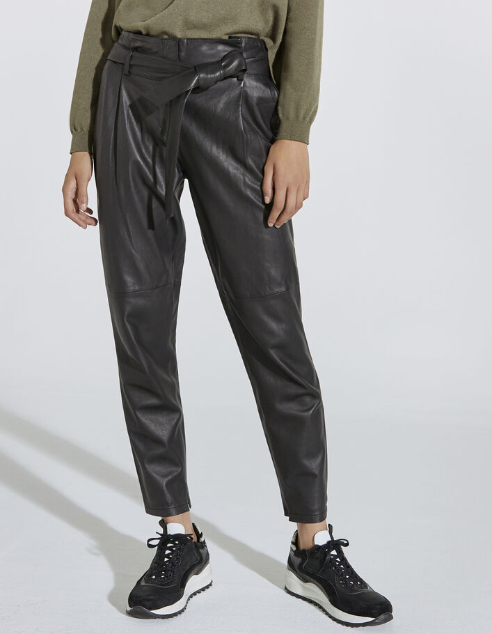 Women's black lambskin leather high-waist trousers-2