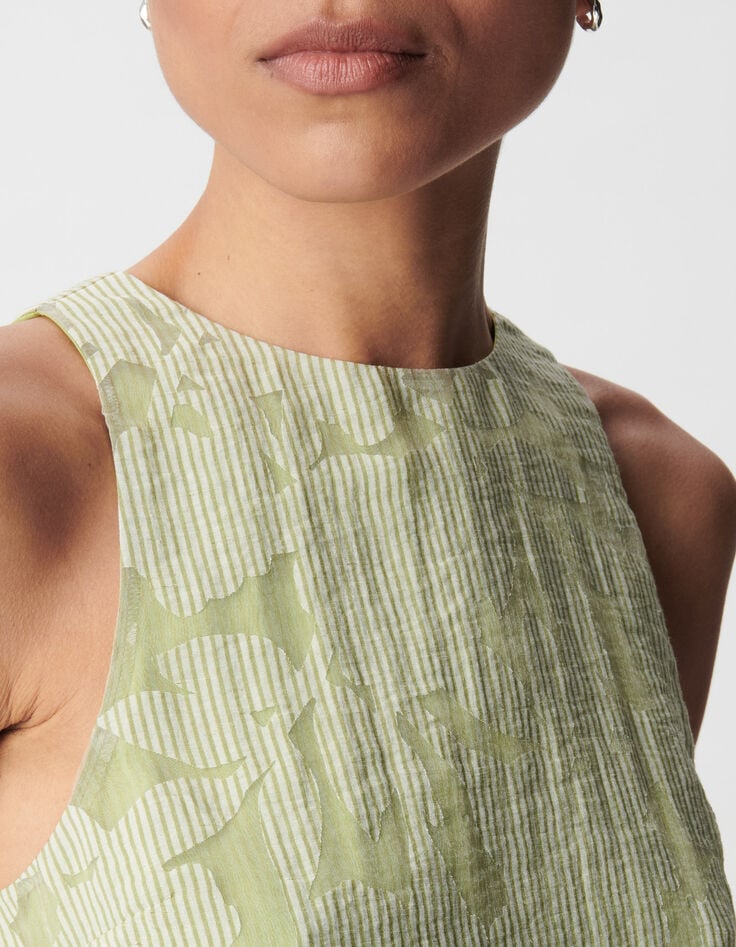 Top sin mangas verde estampado mixto rayas y vegetal Mujer-5