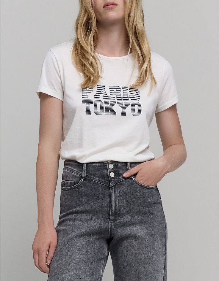 Camiseta de mujer de rayas marineras en blanco roto-3