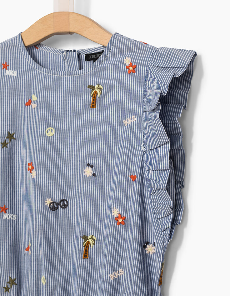 Robe bleu foncé à rayures et broderies fille-2