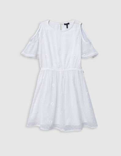 Robe blanche jacquard plumetis et fleurs brodées fille - IKKS