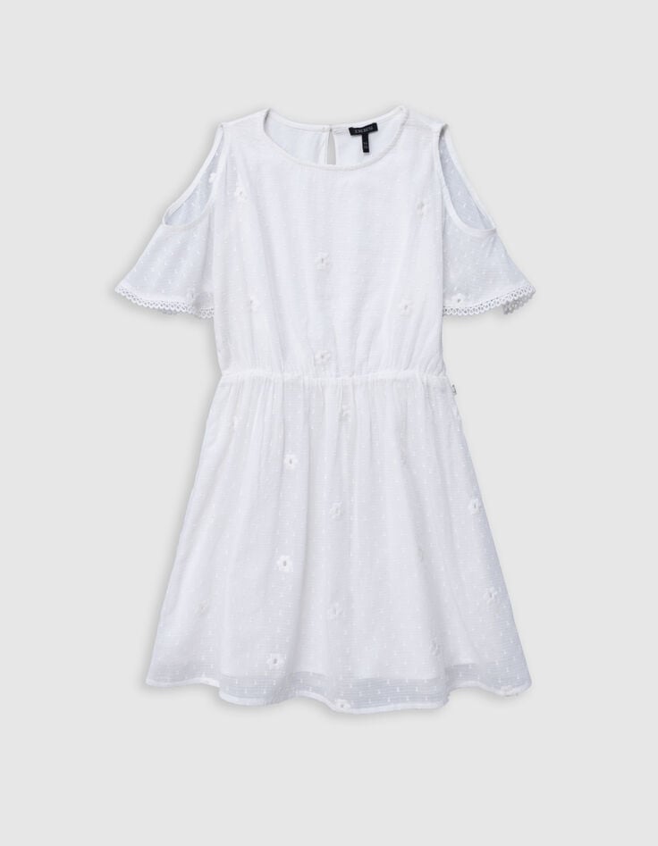 White jacquard feather duster dress with flowers for girl-4